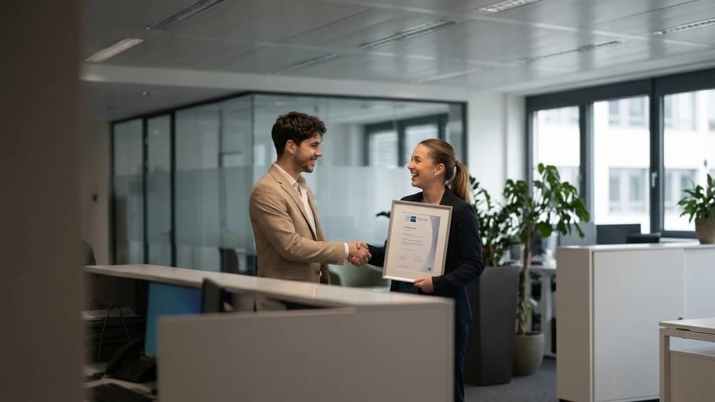 Business owner celebrating employee certification