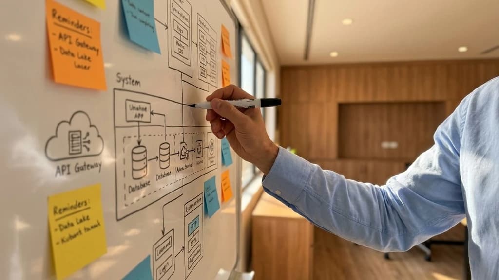 Whiteboard with AI system architecture diagrams